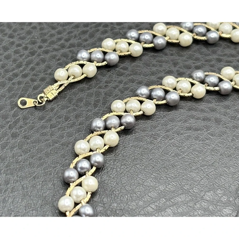 Vintage Imitation Pearl Gold Tone Necklace Pierced Dangle Fringe Earrings Set